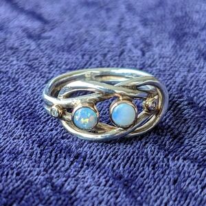 New 9K Gold And 925 Sterling Silver Ring With Natural Opals And Diamonds